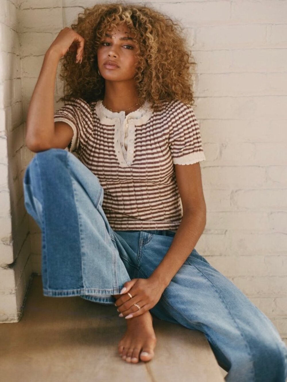 American Eagle Pointelle Striped Henley Sweater Knit Short Sleeve Top Medium